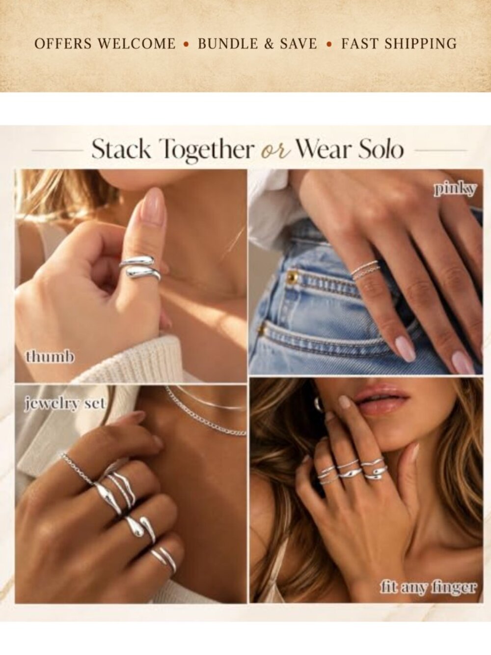 Chunky Stackable Open Ring Set Stainless Steel Silver Plated Adjustable Rings - Picture 4 of 6